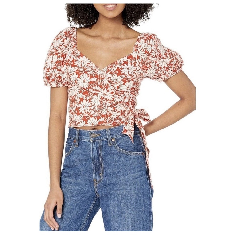 Madewell Anita Abstract Floral Top S/XS Linen Blend Smocked Wrap Puff Sleeve